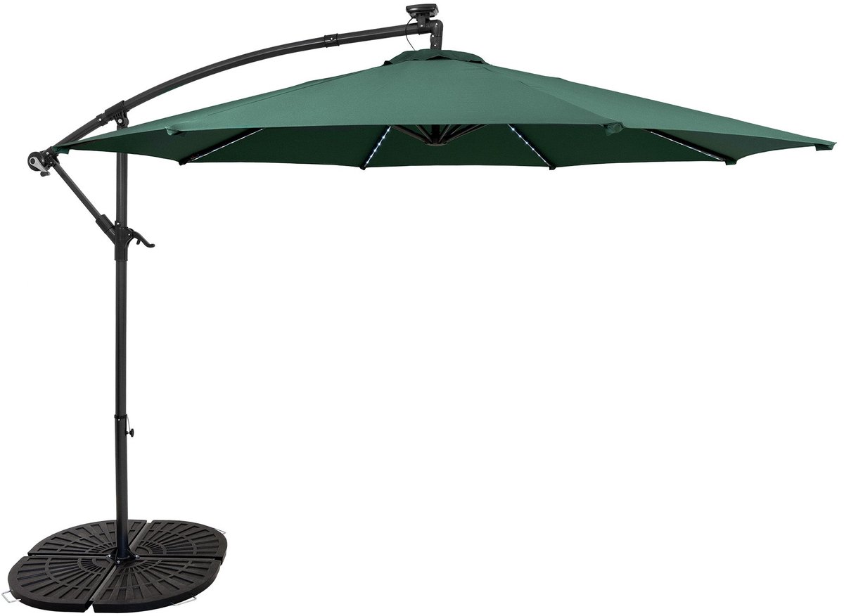 LED zweefparasol 3 m & rond 4-delige parasolvoet - groen parasol met verlichting (5056806874470)
