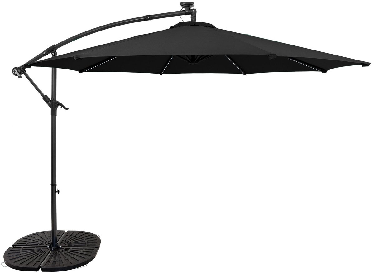 LED zweefparasol 3 m & rond 4-delige parasolvoet - zwart parasol met verlichting (5056806874432)
