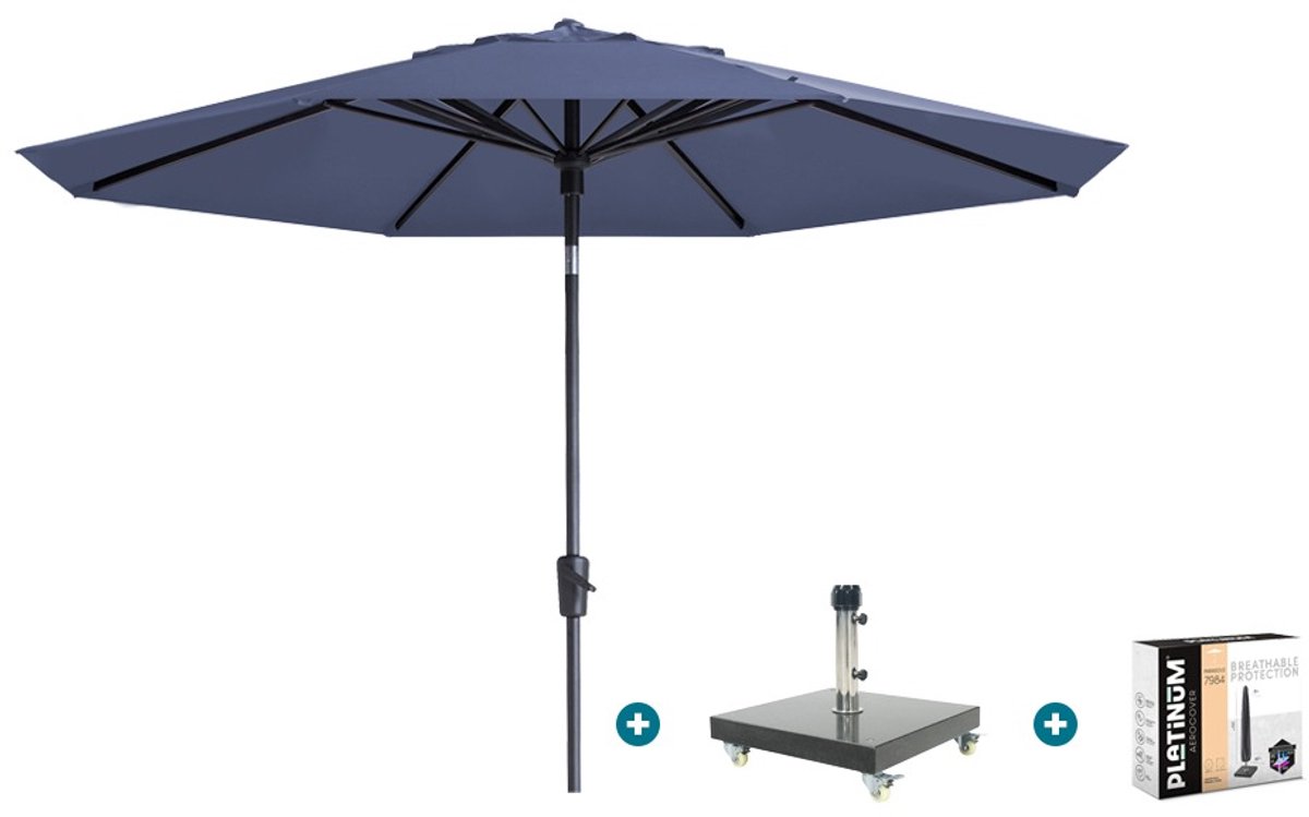 Madison Paros 2 Luxe stokparasol 3 m. rond - Safier blue met Granada voet en hoes (6154113279267)