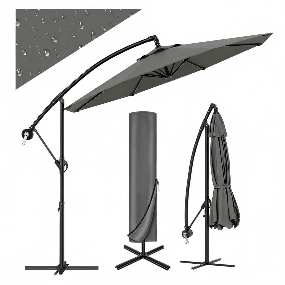 Parasol met Voet, 3x3m, Zweefparasol met Draaibaar 360°, Bananenparasol met Handslinger, Tuin Zonnescherm voor Terras, Balkon of Buiten Eettafel, Grijs (6950000199850)
