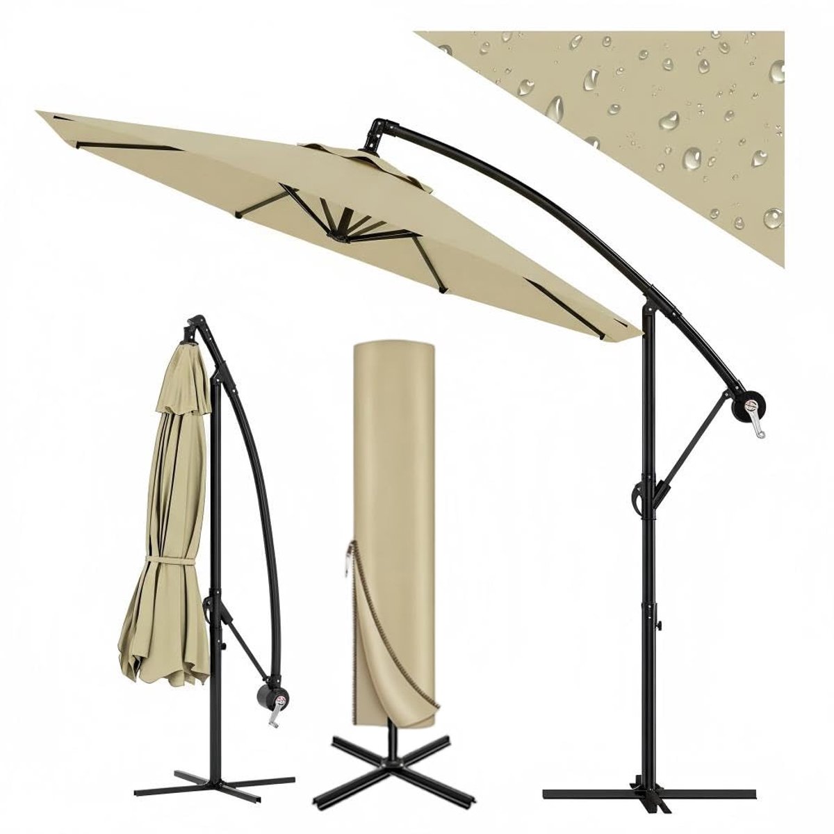 Parasol met Voet, 3x3m, Zweefparasol met Draaibaar 360°, Bananenparasol met Handslinger, Tuin Zonnescherm voor Terras, Balkon of Buiten Eettafel, Kaki (6950000199843)