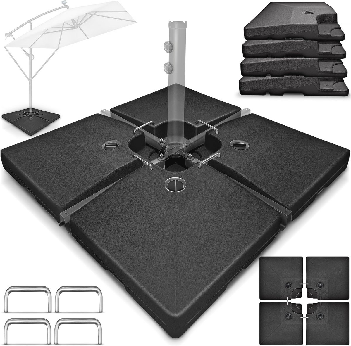Parasolstandaard 90 liter / 120 kg - 4-delig voor zweefparasol met metalen connector | Vulbaar met water of zand | Weerbestendig (9101018584870)