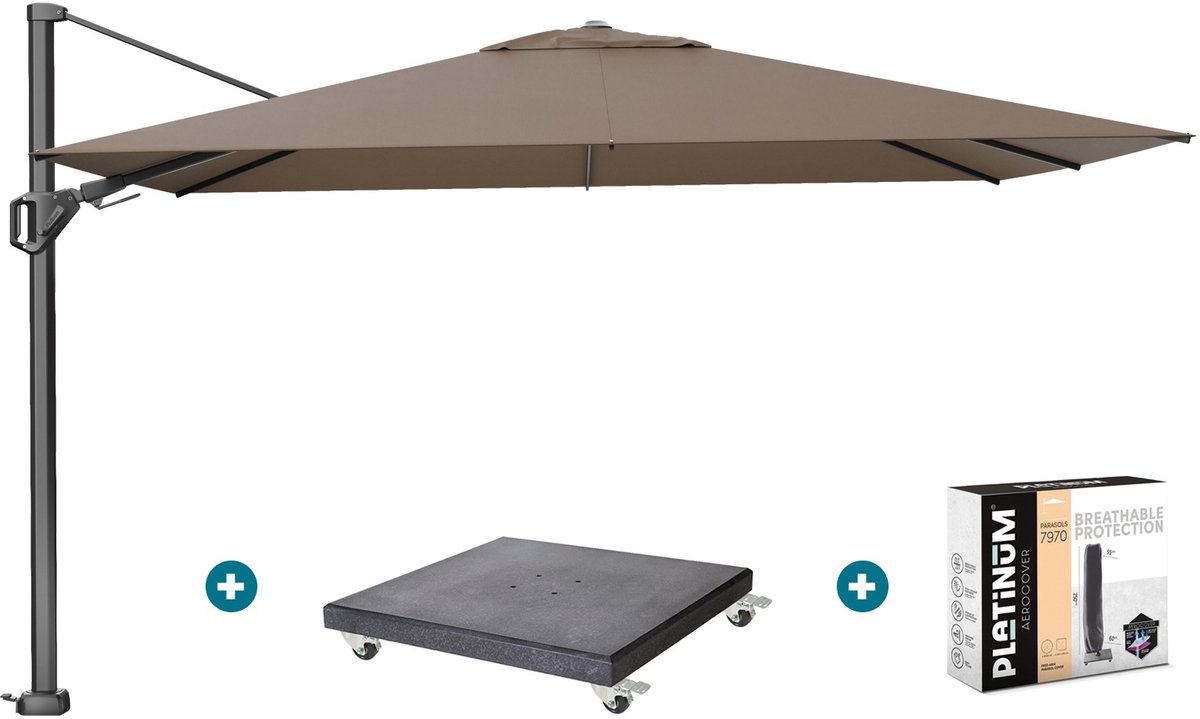 Platinum Challenger zweefparasol Premium T2 2,6x3,5 m - Havana Taupe met Marbella voet en hoes (6097336599555)