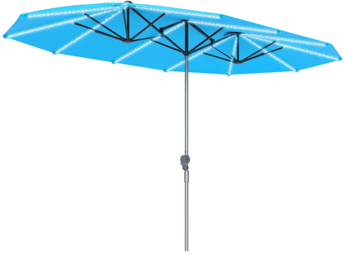 Premium Dubbele Parasol - Tuinparasol met Solarverlichting - Stokparasol - 451 x 267 cm - Strandparasol - Terrasparasol - Marktparasol - UV-Bestendig - Strand, Balkon, Terras & Tuin - Blauw (8721317524271)