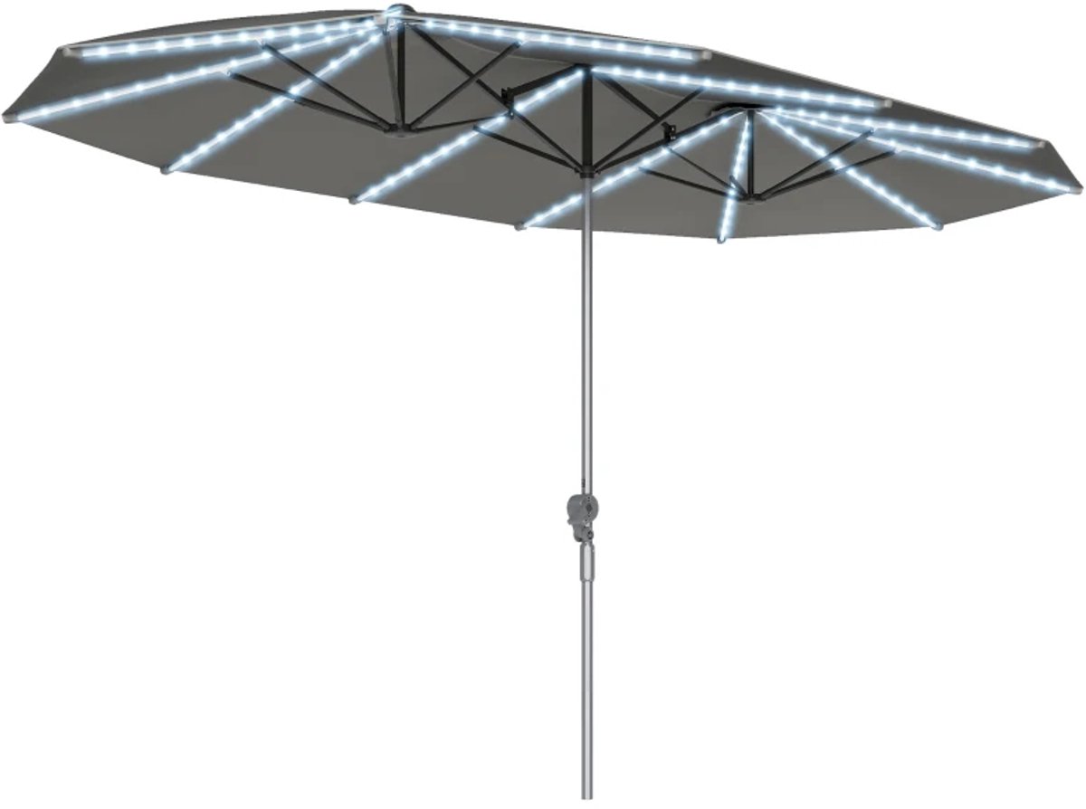 Premium Dubbele Parasol - Tuinparasol met Solarverlichting - Stokparasol - 451 x 267 cm - Strandparasol - Terrasparasol - Marktparasol - UV-Bestendig - Strand, Balkon, Terras & Tuin - Donkergrijs (8721317524288)