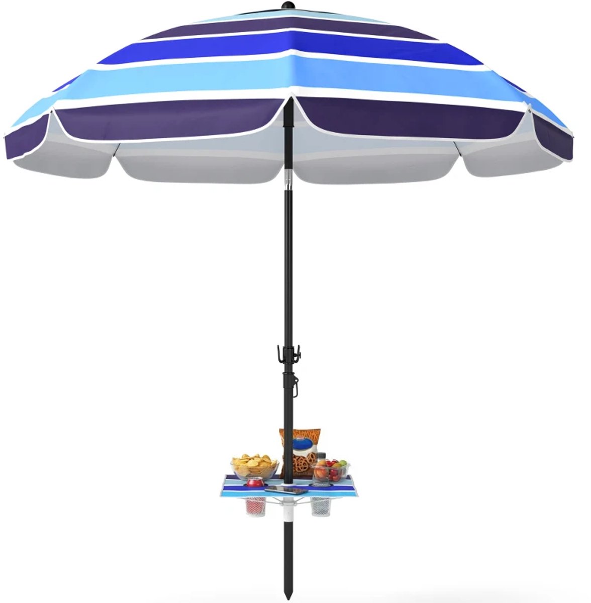 Premium Parasol - Tuinparasol met Inklapbaar Tafeltje & Bekerhouder - Stokparasol - Ø198 cm - Strandparasol - Terrasparasol - Balkonparasol - Kantelbaar & Verstelbaar - UV-Bestendig - Strand, Balkon, Terras & Tuin (8721317524455)