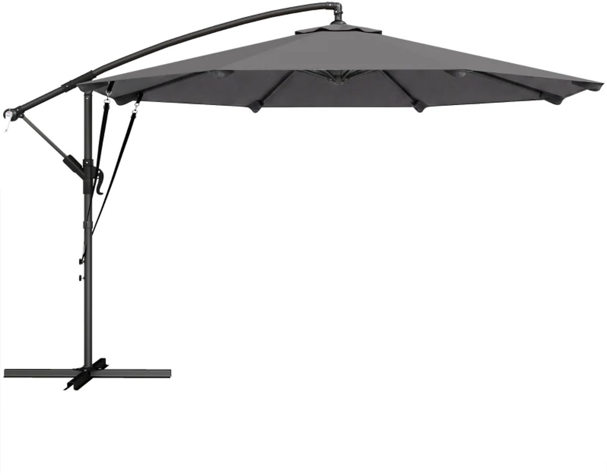 Premium Zweefparasol - Parasol met Slinger, Beschermhoes & Kruisvoet - Tuinparasol - Ø300 cm - Kantelbaar & Verstelbaar - UV-Bestendig - Strand, Balkon, Terras & Tuin - Donkergrijs (8721317524530)