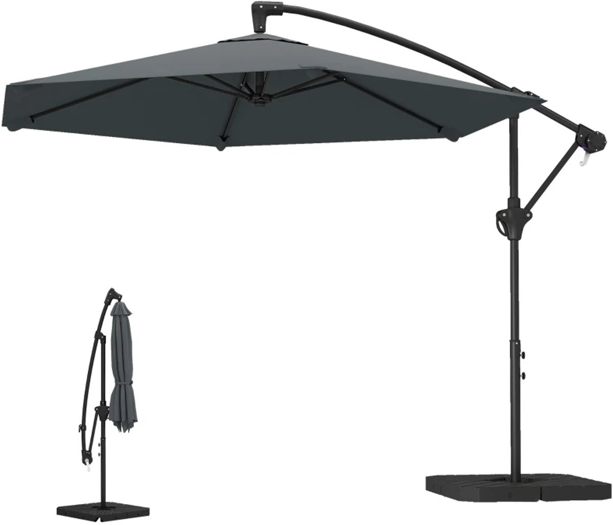 Premium Zweefparasol - Parasol met Slinger, Gewichten & Kruisvoet - Tuinparasol - Ø300 cm - Kantelbaar & Verstelbaar - UV-Bestendig - Strand, Balkon, Terras & Tuin - Donkergrijs (8721317524554)