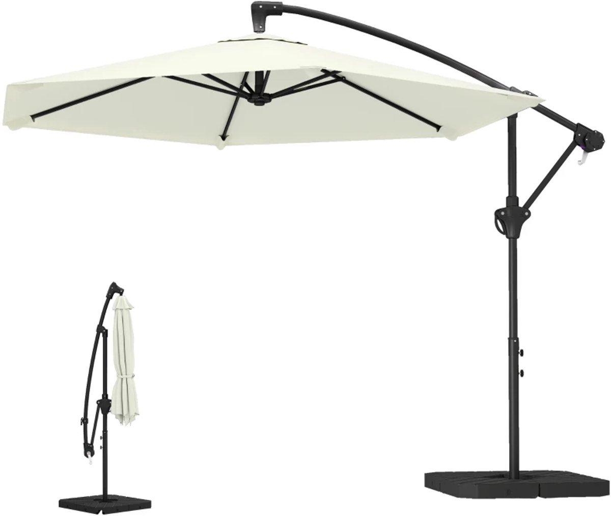 Premium Zweefparasol - Parasol met Slinger, Gewichten & Kruisvoet - Tuinparasol - Ø300 cm - Kantelbaar & Verstelbaar - UV-Bestendig - Strand, Balkon, Terras & Tuin - Crèmewit (8721317524561)