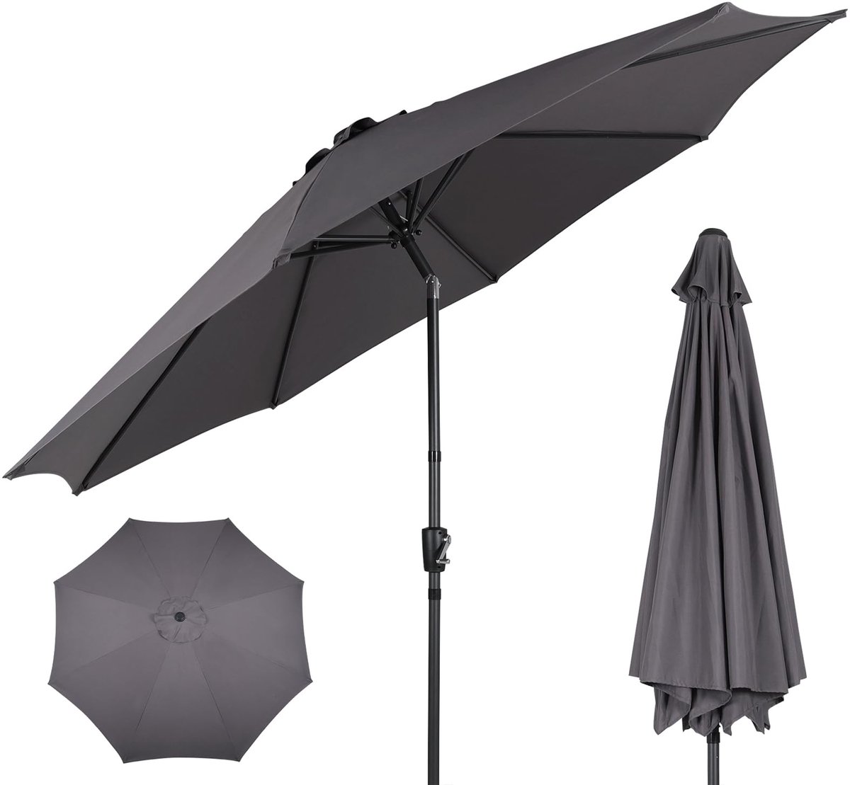 Puluomis - Ronde Parasol - Ø290 cm - Garden Stokparasol - 30° Kantelbaar - Waterdicht - UPF50+ - Grijs (6979076882107)