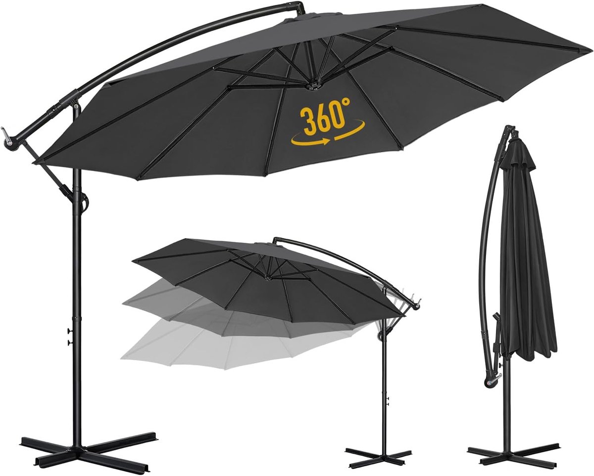 Puluomis Zweefparasol - 300cm Rond - Tuin Garden parasol - Verstelbare Hoogte - Incl. kruisvoet & Beschermhoes - Antraciet (6979076882169)