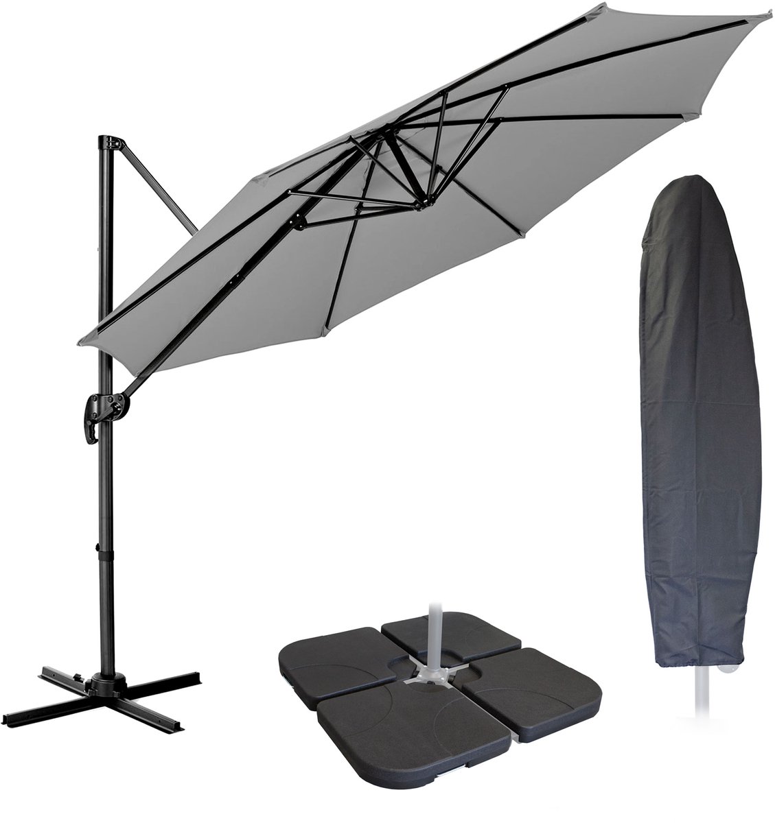 SVITA Zweefparasol 3m met beschermhoes - Parasolstandaard opvulbaar 4-delig Kantelparasol Zwenkparasol Lichtgrijs (4250815325478)