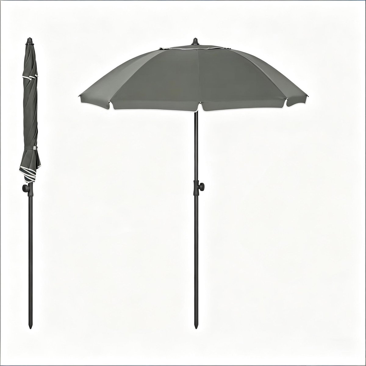Stokparasol - Opvouwbaar parasol - Rond - Strandparasol - Tuin - Balkonparasol - UV-bescherming - Waterdicht - 35° Kantelbaar - Ø 135cm - Grijs (0795629060084)