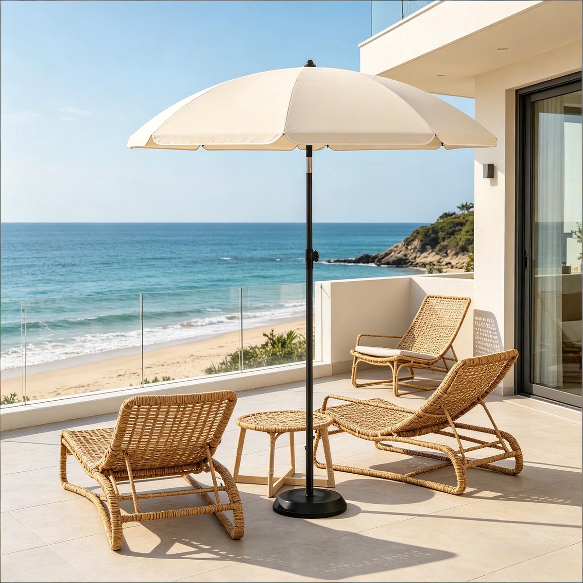 Stokparasol - Opvouwbaar parasol - Rond - Strandparasol - Tuin - Balkonparasol - UV-bescherming - Waterdicht - 35° Kantelbaar - Ø 155cm - Beige (0795629060060)