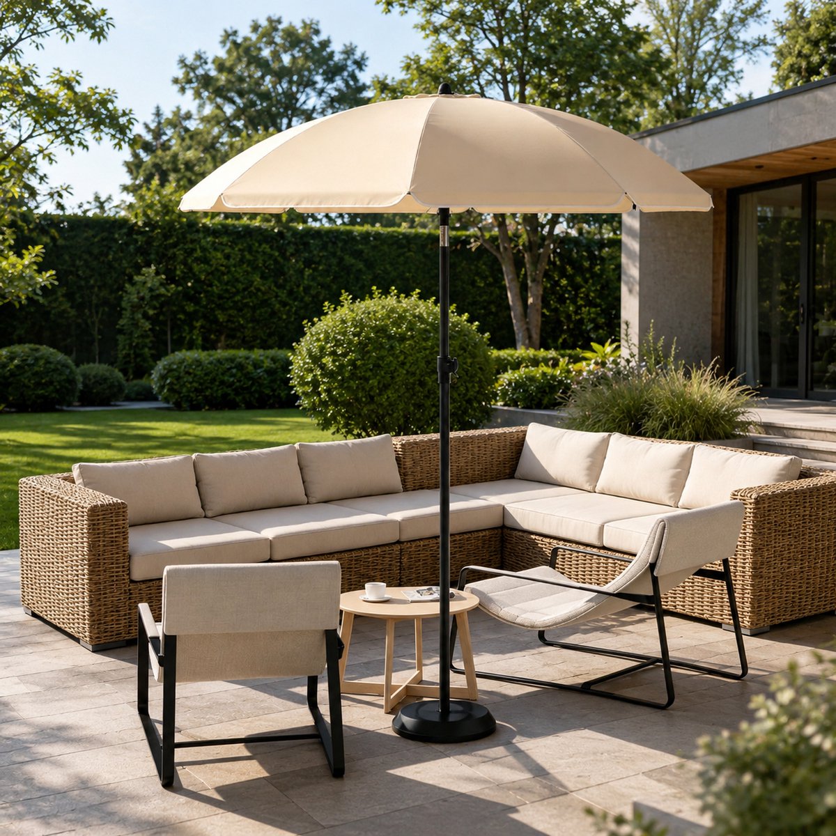 Stokparasol - Opvouwbaar parasol - Rond - Strandparasol - Tuin - Balkonparasol - UV-bescherming - Waterdicht - 35° Kantelbaar - Ø 175cm - Beige (0795629060077)