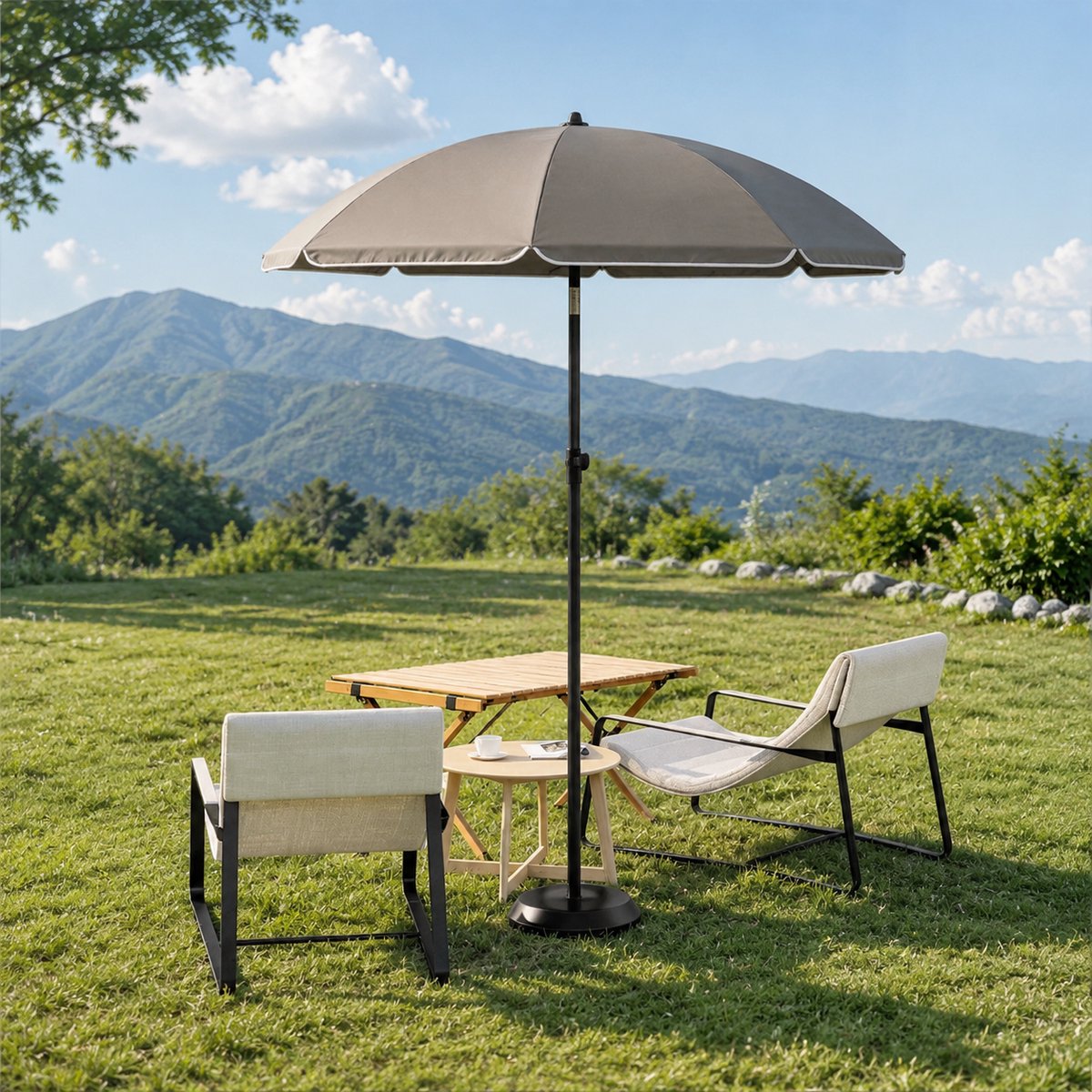 Stokparasol - Opvouwbaar parasol - Rond - Strandparasol - Tuin - Balkonparasol - UV-bescherming - Waterdicht - 35° Kantelbaar - Ø 175cm - Grijs (0795629060107)