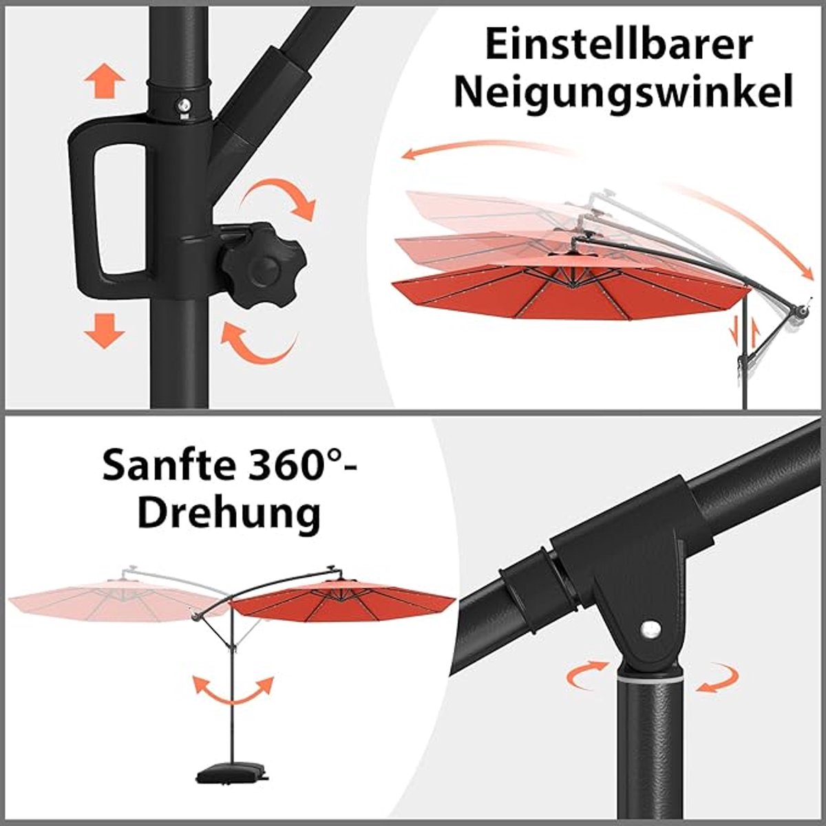 Zweefparasol 300 cm Depauwonen - Tuinscherm met 32 LED-lampjes op zonne-energie, draaibaar en hoogte verstelbaar, terrasparasol met zwengel en kruisvoet, UV-bescherming, waterdicht, geschikt voor tuin, terras, balkon en strand (9501324135566)