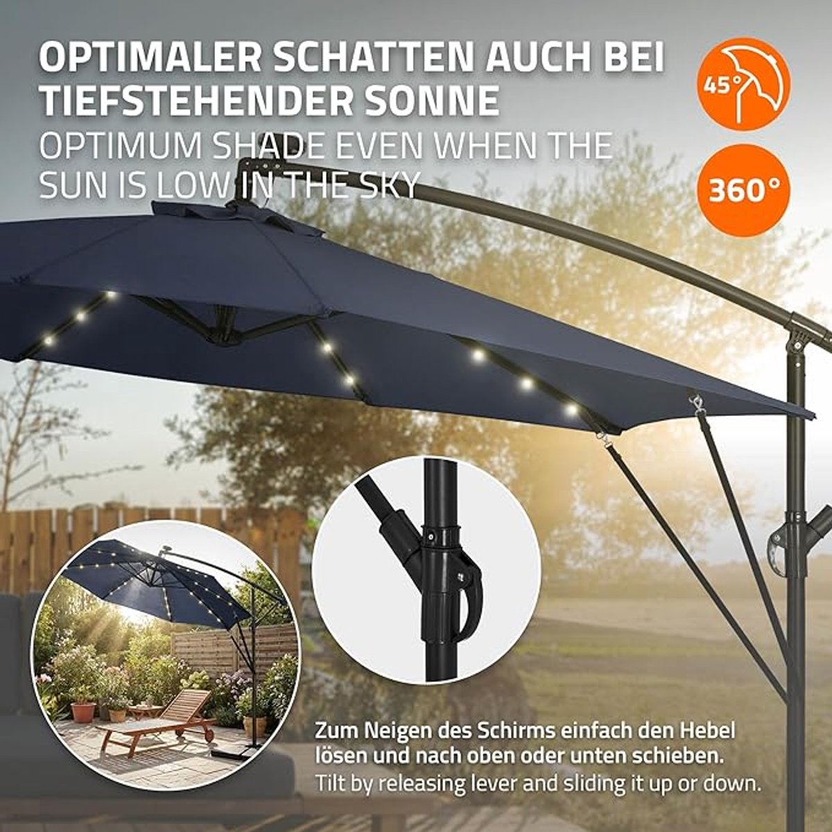 Zweefparasol Depauwonen 300 cm Rond met LED en Zonnepaneel - Aluminium Terrasparasol met Zwengel, Waterafstotend, UV50+ Bescherming, 360° Draaibaar voor Tuin, Balkon en Terras - Navy Blue (9506336152648)