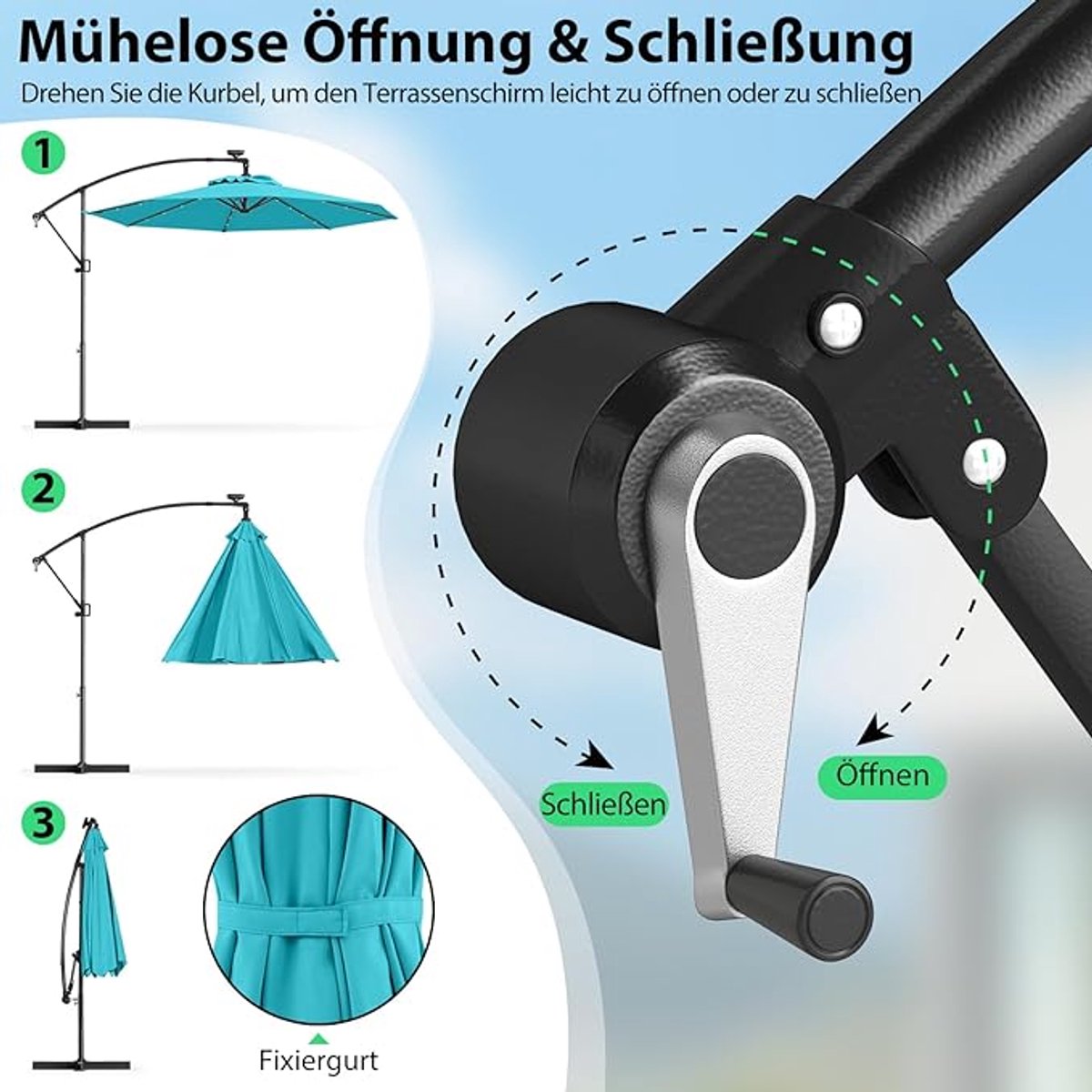 Zweefparasol Depauwonen Ø300 cm met LED-verlichting, zonne-energie, draaibaar & kantelbaar, aluminium frame, tuin- en terrasparasol met zwengel en kruisvoet, UV-bescherming, outdoor parasol voor balkon, tuin en strand (9509367662926)