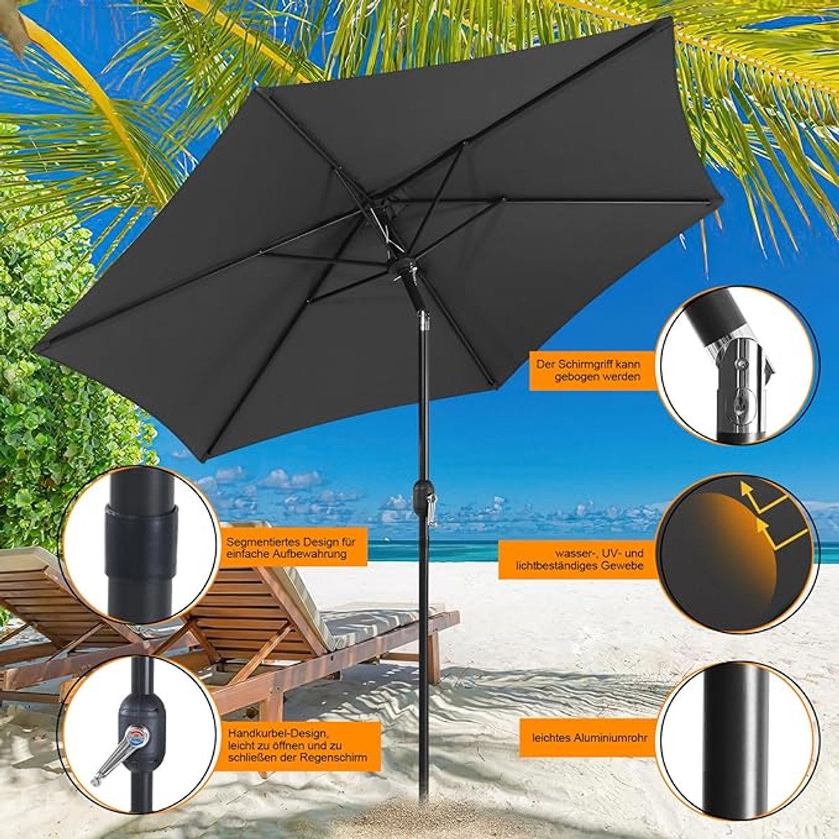 Zweefparasol Depauwonen Ø350 cm - Grote Tuinparasol met Zwengel, UPF 50+ UV-bescherming, Winddicht, Waterafstotend, Kantelbaar - Balkon, Terras, Tuin, Zwembad - Zonder Standaard (9504987187521)