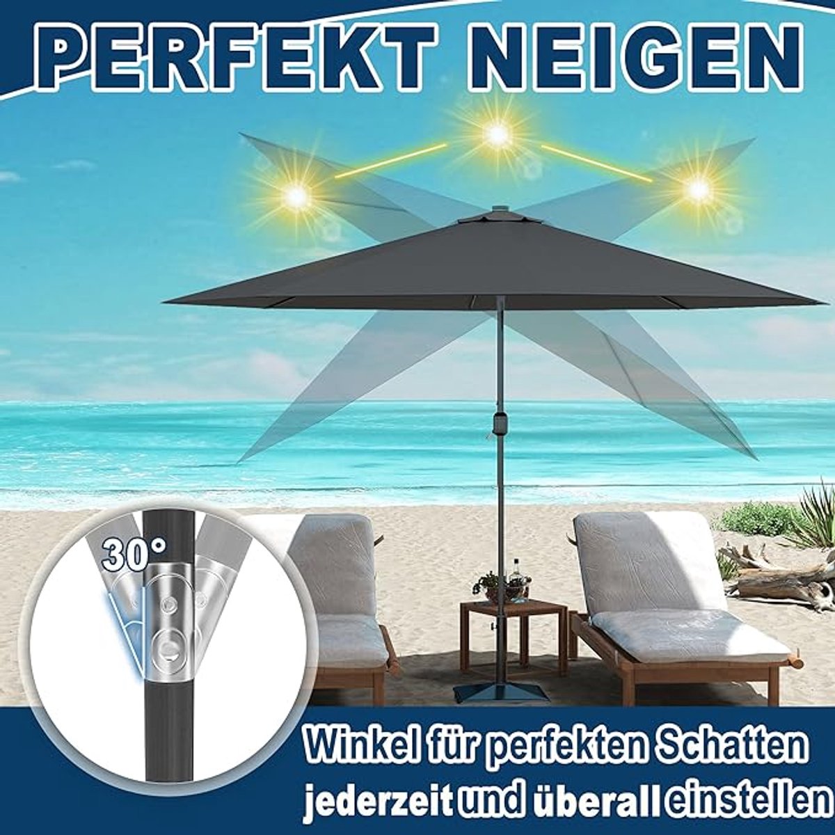 Zweefparasol Depauwonen Ø350 cm - Hangparasol met zwengel, UV-bescherming, waterafstotend polyester, aluminium frame, kantelbaar, rond, voor tuin, terras, balkon, strand en camping - Donkergrijs (9506679221575)
