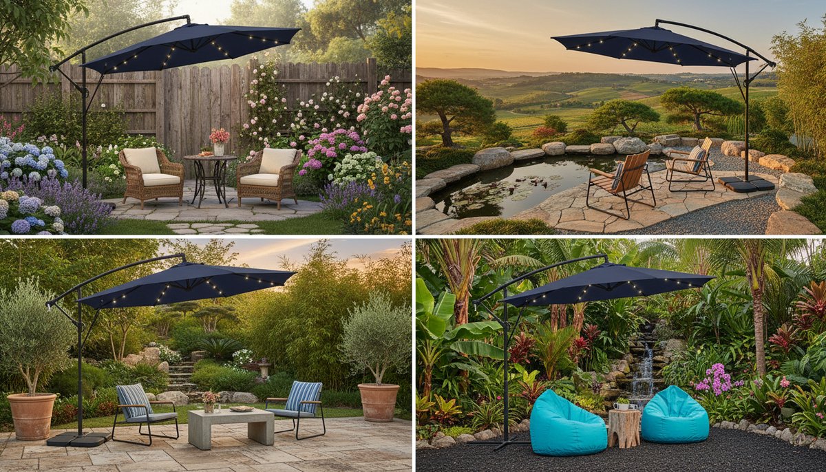 Zweefparasol Navy Blue Ø300 cm - Depauwonen Luxe 360° Draaibare Parasol met LED & Zonnepaneel, Aluminium Frame, Kantelbaar 90-135°, UV50+ Bescherming - Inclusief Voet & Beschermhoes - Tuin, Terras & Balkon (9507212496559)