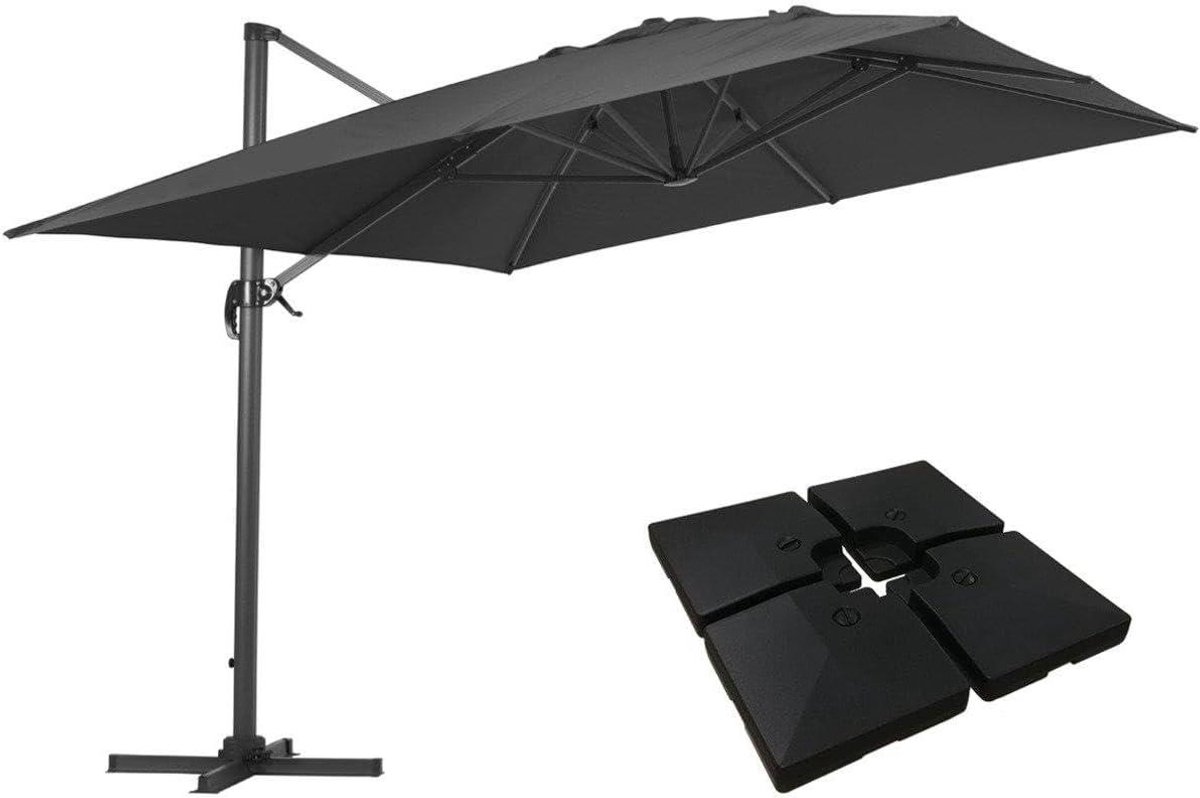 Zweefparasol Rechthoekig - Tuinparasol Aluminium - Terras Beschermen - 360 Graden Draaibaar - 3 x 4 Meter - Zwart (9101185456215)