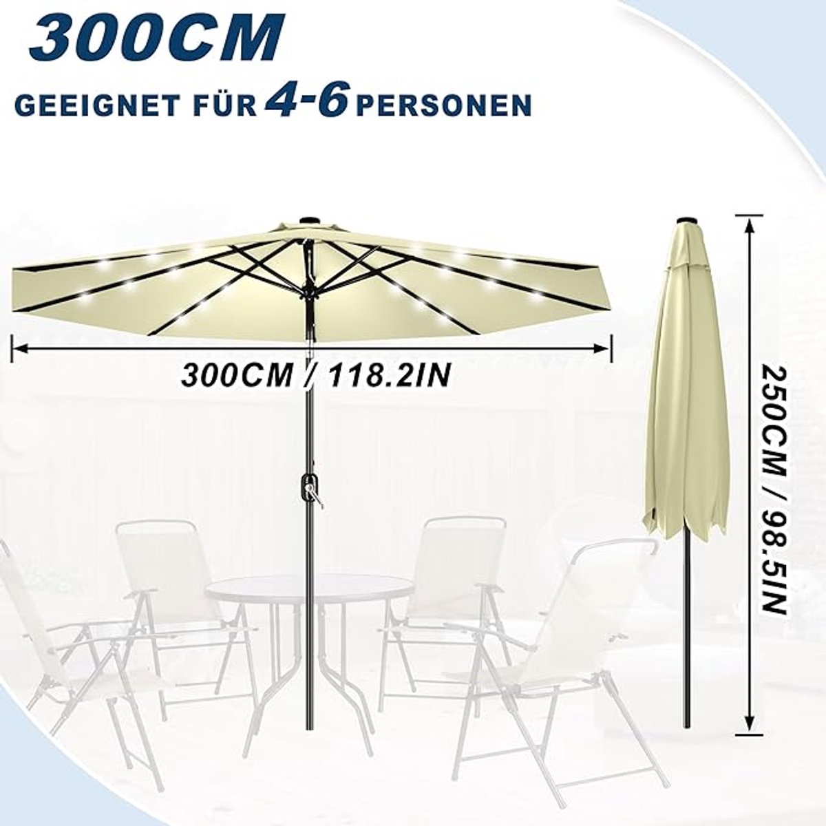 Zweefparasol met LED Depauwonen Ø350 cm - Luxe Hangparasol met Zwengel, Kantelbaar en UV-bescherming - Parasol voor Tuin, Terras, Balkon, Strand & Camping - Aluminium Frame, Beige (9505528944115)