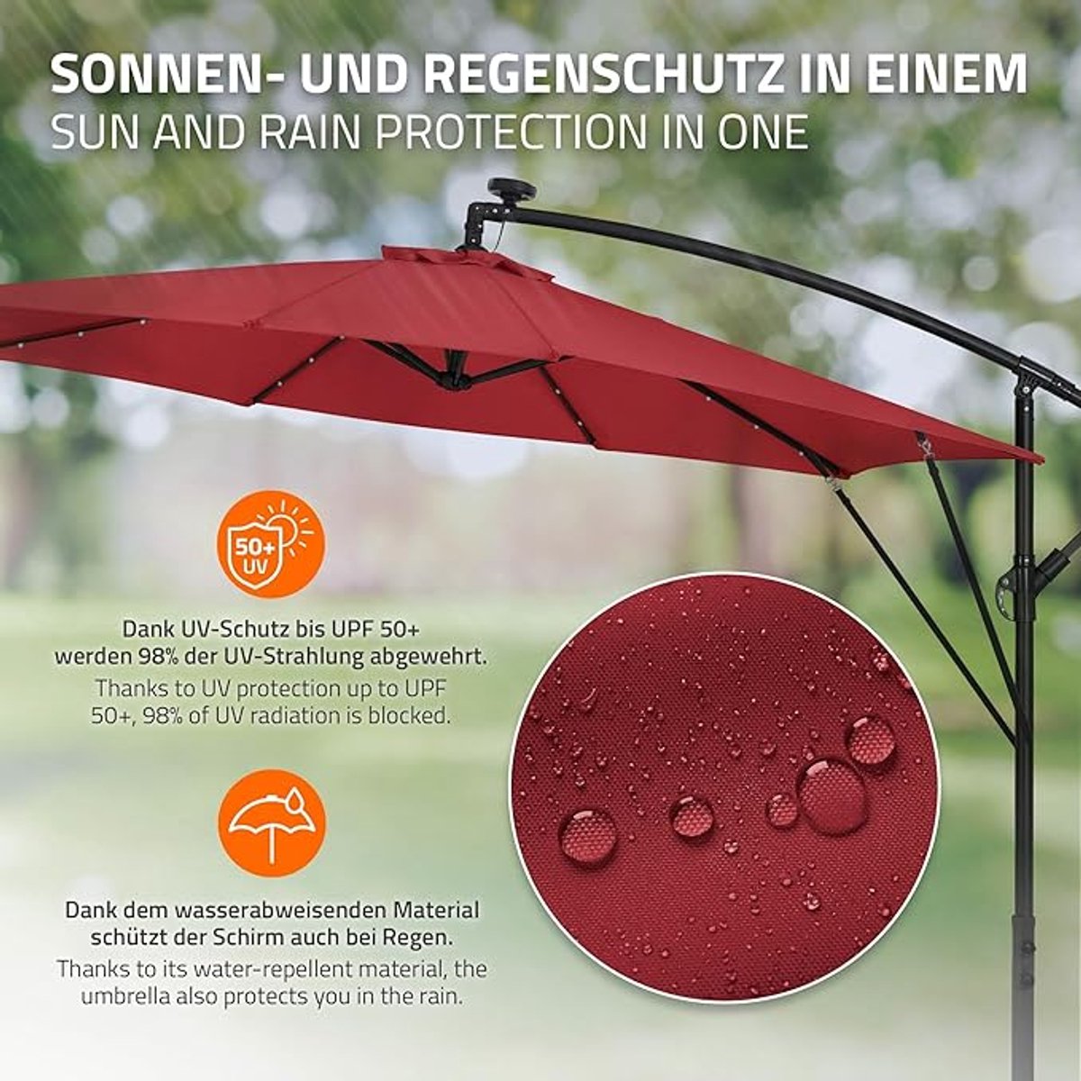 Zweefparasol met LED & Zonnepaneel Ø300 cm - Depauwonen Luxe 360° Draaibare Parasol met Kantelfunctie, Aluminium Frame & UV50+ Bescherming - Inclusief Standaard en Hoes - Tuin, Terras & Balkon (9505386793160)