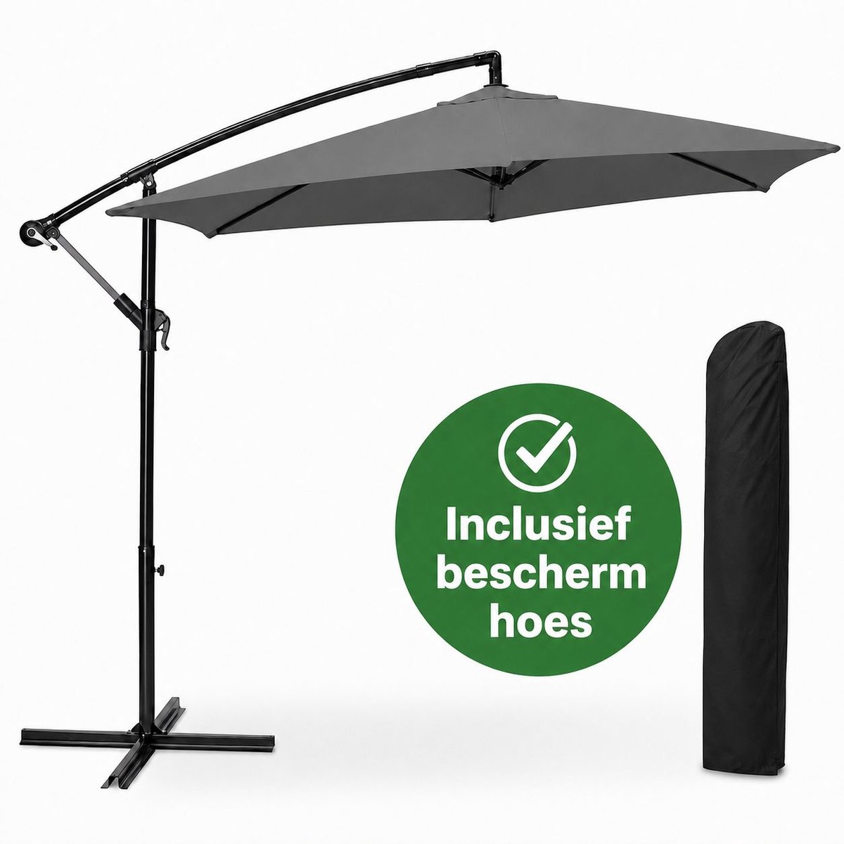 Brixy Zweefparasol - 300CM - Incl. Beschermhoes en Kruisvoet - Waterdicht - Verstelbare Hoogte - Antraciet (8721022433035)