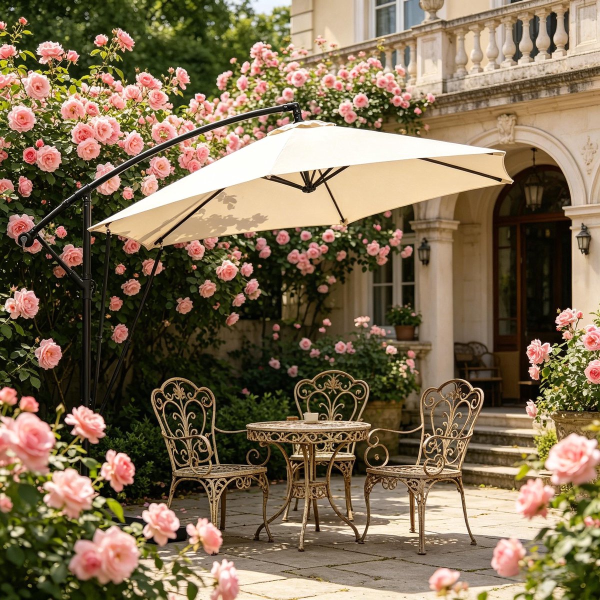 STILVORA Zweefparasol - Flexibel Kantelbaar En Draaibaar - 310 x 310 cm - Metaal En Polyester - Beige - Voor Tuin Terras En Zwembad - Met Hoes (4070865357539)