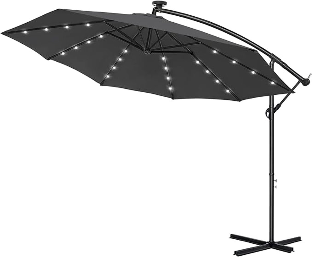 300 cm Aluminium Parasol Met LED & Kruk - UV-Bescherming - Tuinparasol - 360° Draaibaar - Marktpolsol - Waterafstotend - Zweefparasol Met Voet - Windbescherming - Krukparasol Voor Tuin, Terras, Strand (Donkergrijs) NAIZY (0751203698647)