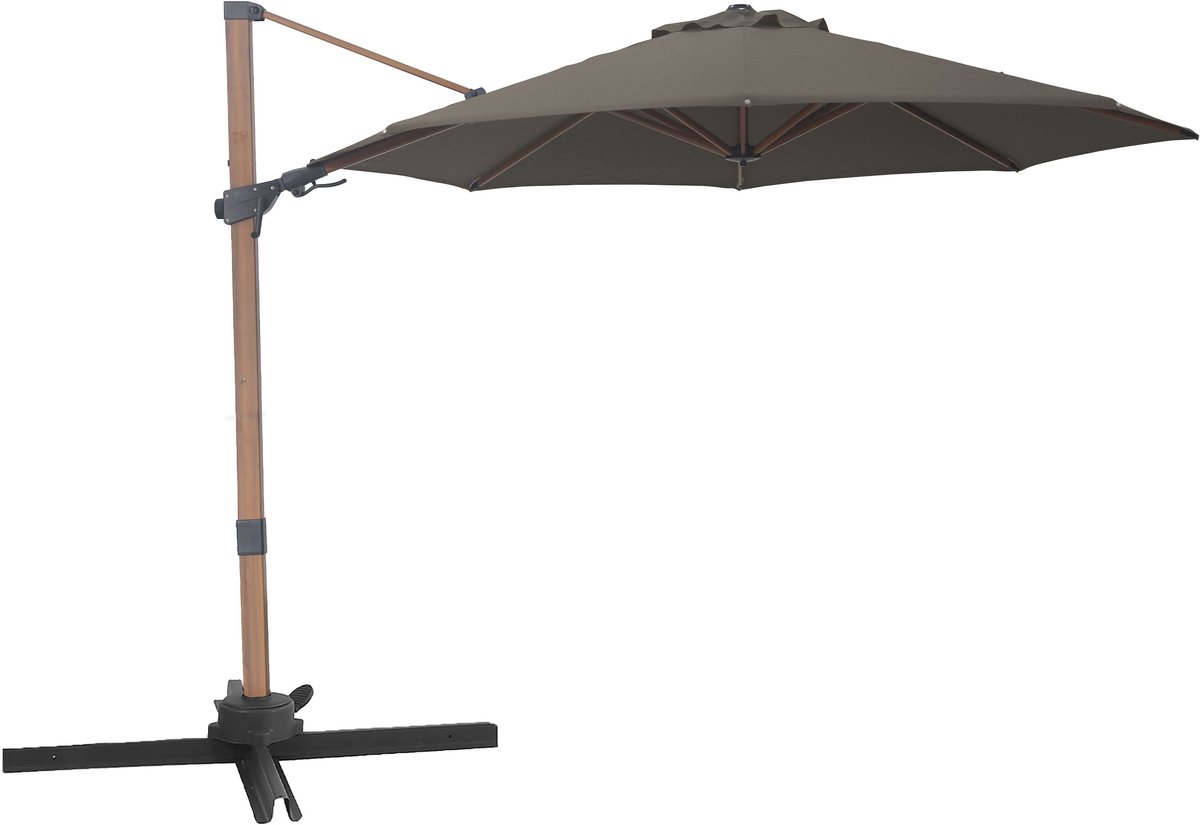 AXI Solis Zweefparasol Ø 300cm Houtlook/taupe incl. Hoes - Gepoedercoat frame met kruisvoet - 360° Draaibaar - Kantelbaar (8721399280874)