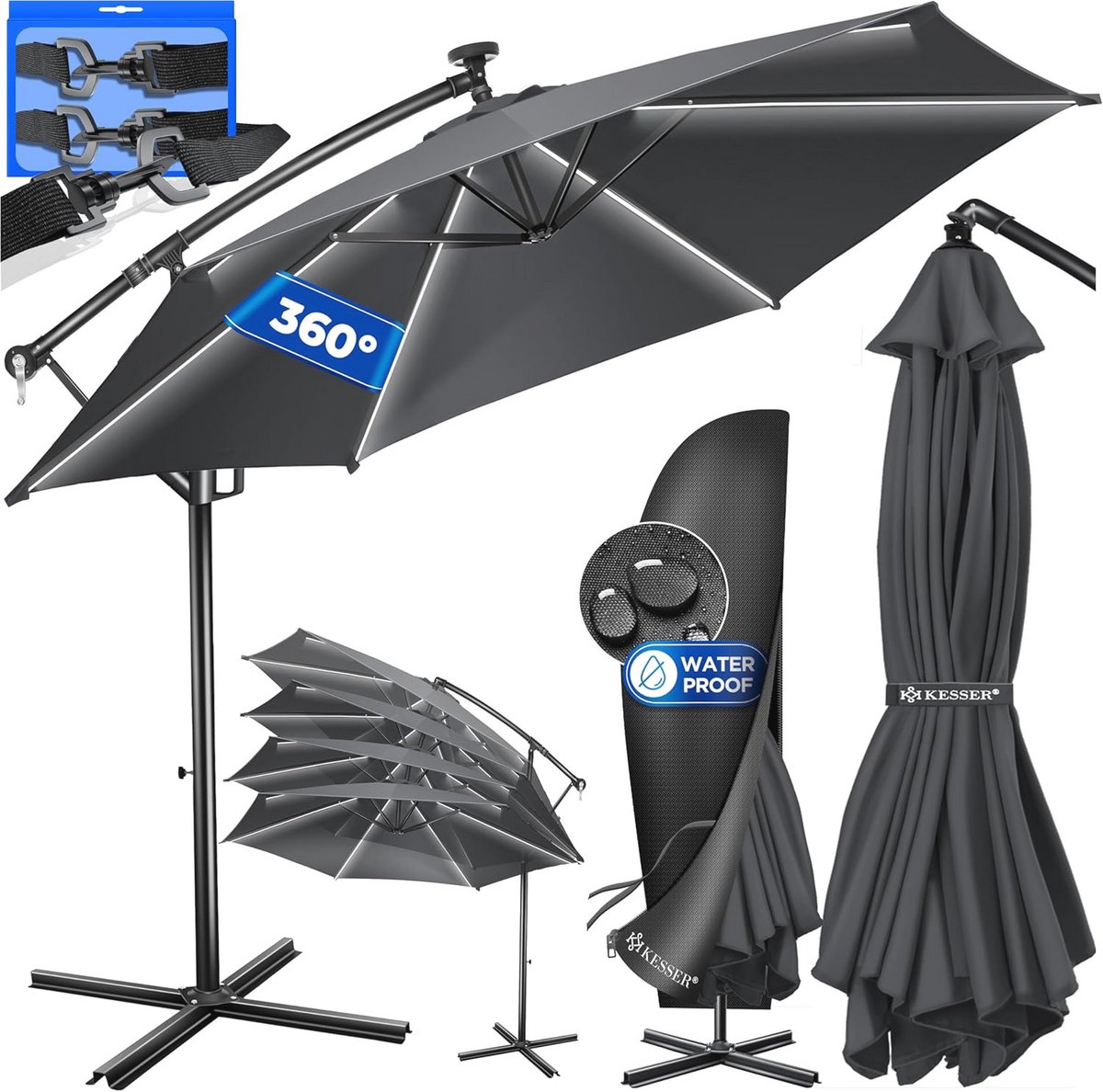 Aluminium zweefparasol met ledverlichting en zonne-energie, Ø 350 cm, 360° draaifunctionaliteit, ideaal voor balkon en tuin (6151849168117)