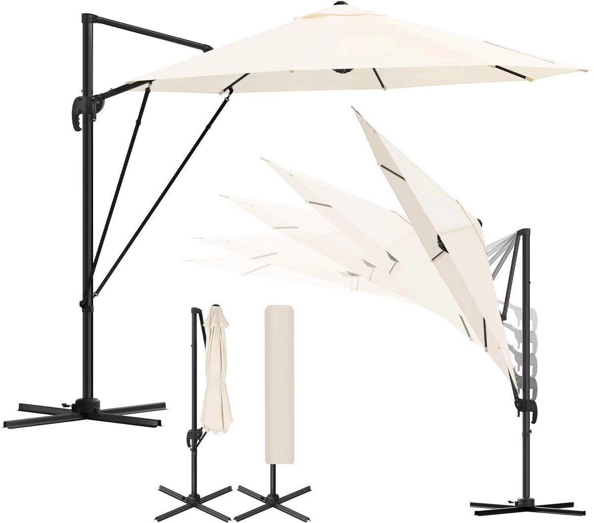 Archi Parasol - Zweefparasol 3 Meter - Hangparasol - 360° Draaibaar - 5 Kantelstanden - UV50+ - Inclusief Beschermhoes - Beige (8721551995226)