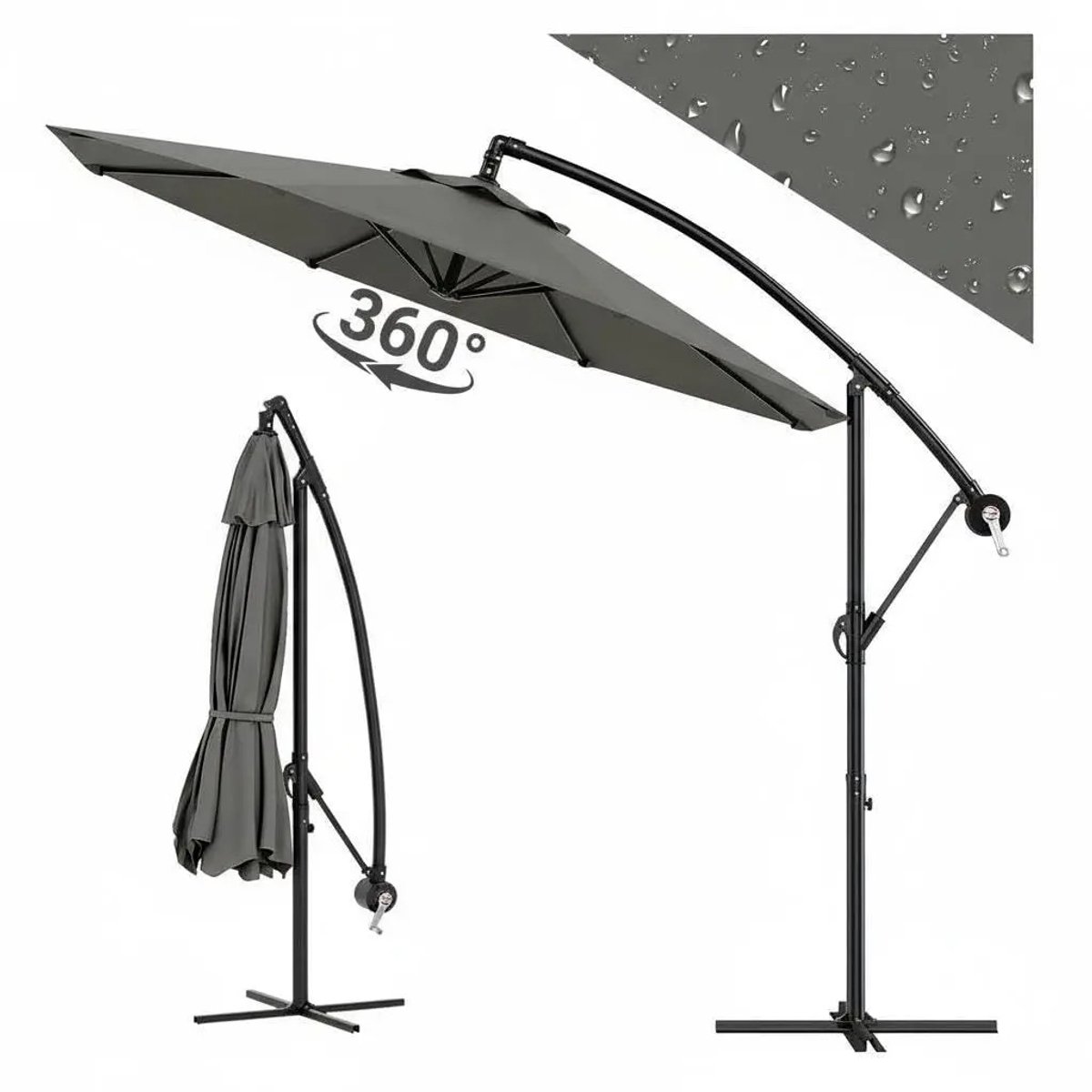Archi Zweefparasol 300 cm - Zonnescherm - Handslinger en Kantelfunctie - UV-Bescherming - Inclusief Kruisvoet en Beschermhoes - Grijs (8721551994458)