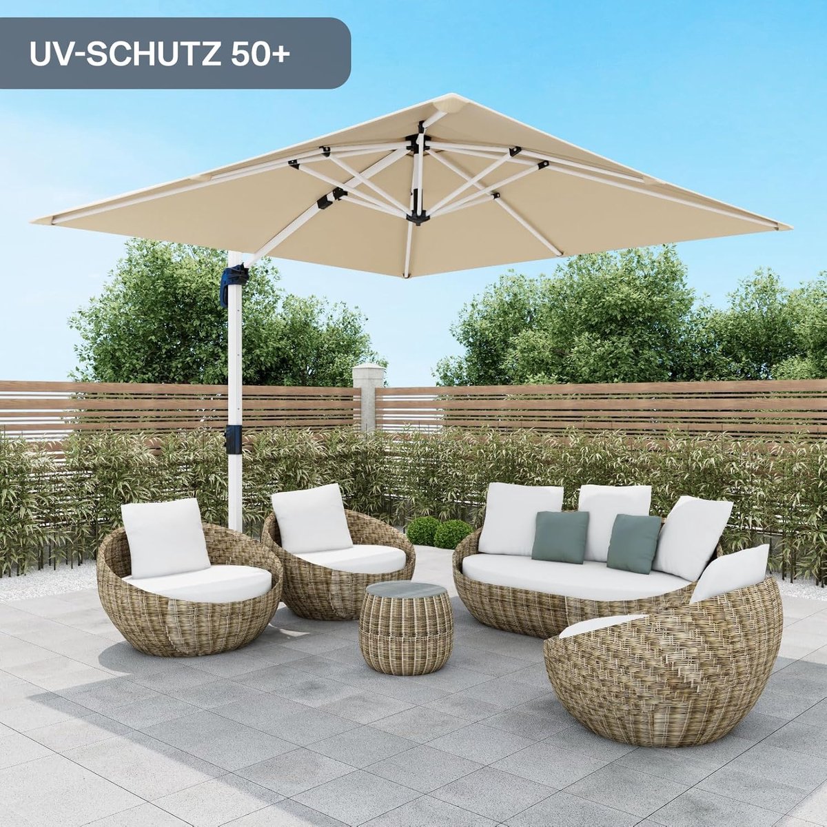 Balkonparasol 300x400 cm Zweefparasol 360° Draaibaar met Zwenkarm, UV50+ Bescherming, Waterdicht & Kantelbaar met Zwengel - Rechthoekige Aluminium Parasol met Hoes - Beige - Nicolehome (9509148753393)