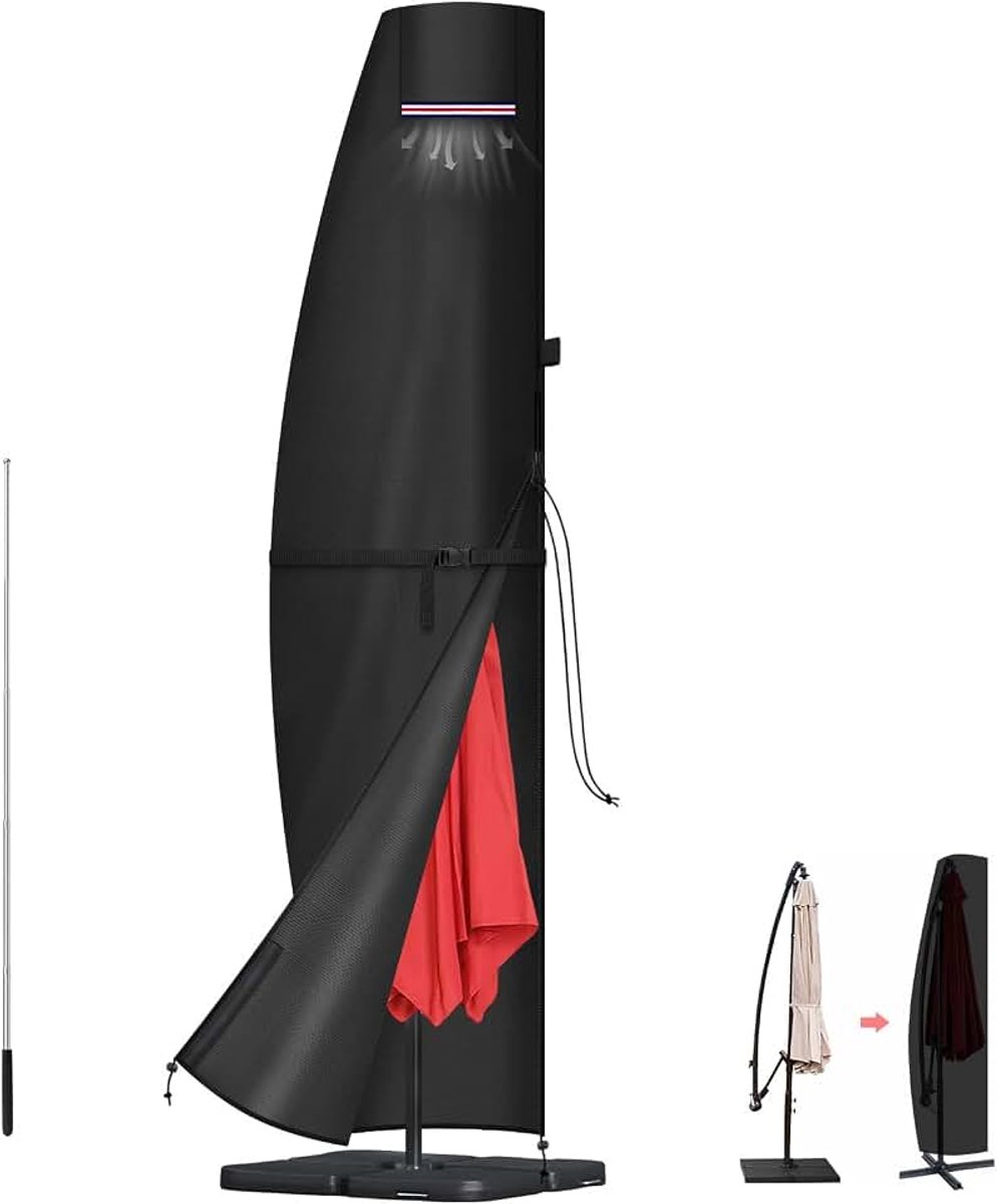 Beschermhoes voor Parasol tot Ø 500cm, 420D Oxford Afdekhoes voor Parasol, Waterdichte Beschermende Parasolhoes, Afdekking voor Zweefparasol, Tuinparasolhoezen met Stang, 280x40/81/50cm (2066271764841)