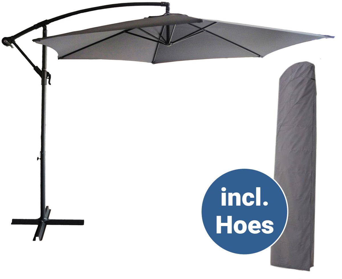 BluMill Zweefparasol Met Voet en Beschermhoes - Ø 300 cm - Waterdicht - Kantelbaar - Verstelbare Hoogte - Grijs (8720246424577)