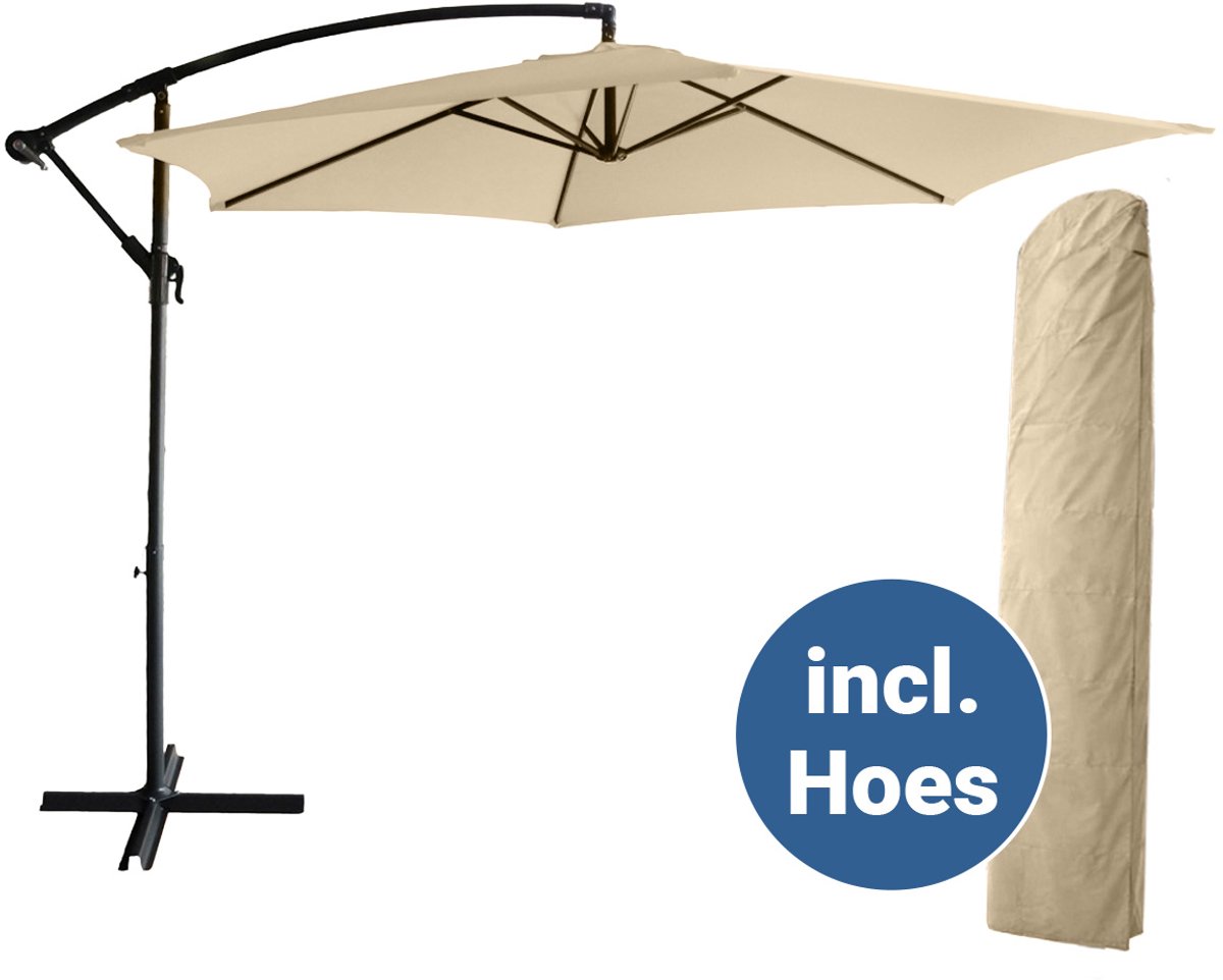 BluMill Zweefparasol Met Voet en Beschermhoes - Ø 300 cm - Waterdicht - Kantelbaar - Verstelbare Hoogte - Taupe - Beige (8720663024831)