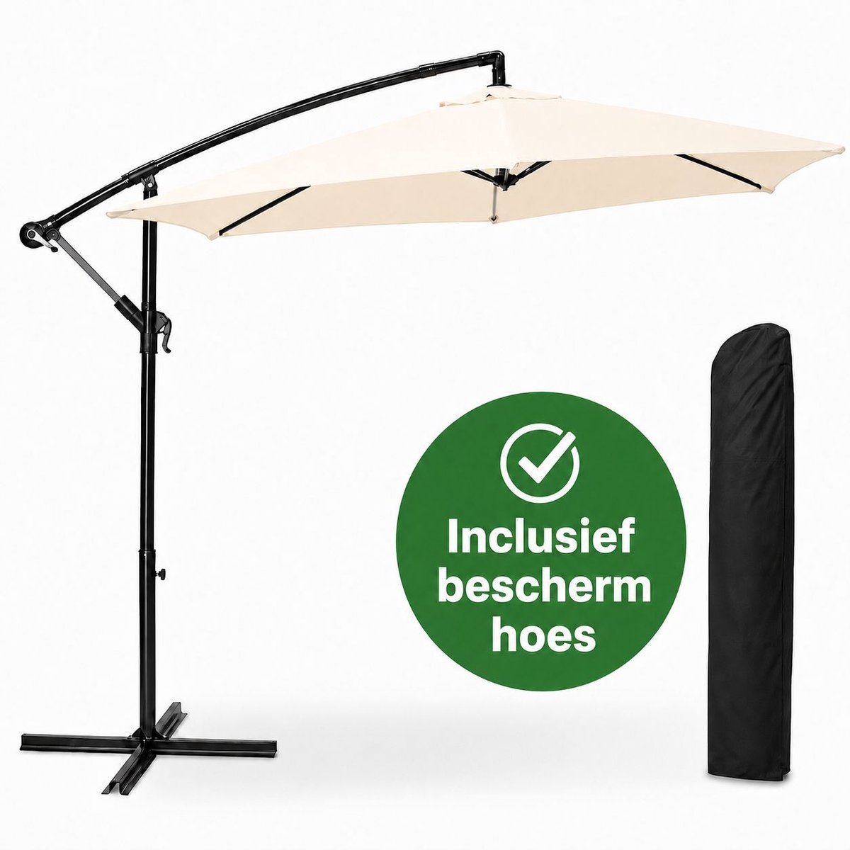 Brixy Zweefparasol - 300CM - Incl. Beschermhoes en Kruisvoet - Waterdicht - Verstelbare Hoogte - Creme (8721022433028)