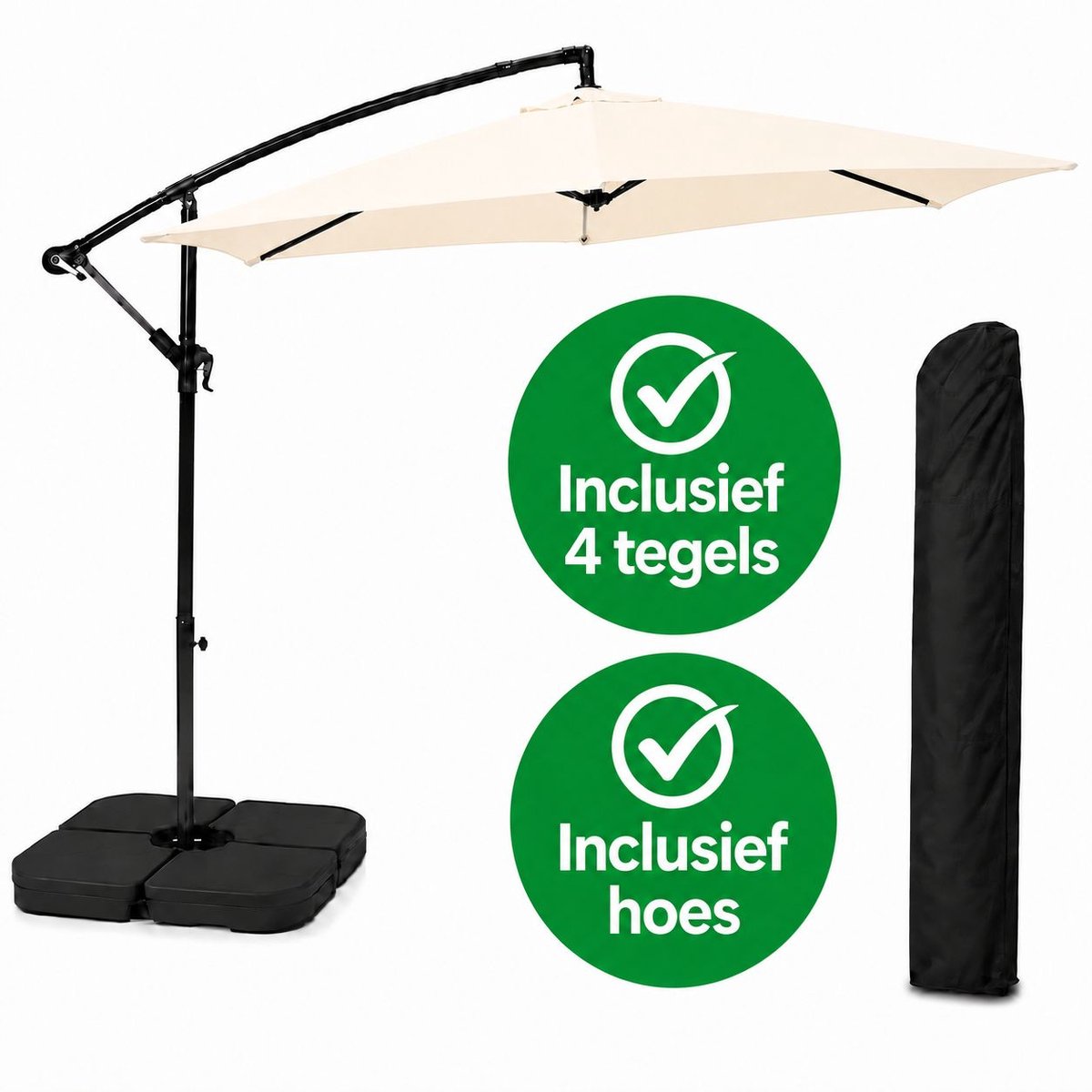 Brixy Zweefparasol Incl. Parasoltegels, Kruisvoet en Beschermhoes - 300CM - Waterdicht - Verstelbare Hoogte - Creme (8721022433042)