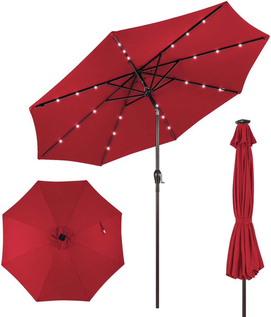 COSTWAY Ø300 cm led-parasol, tuinparasol, marktscherm met solarverlichting, terrasparasol achthoek, zwengelparasol, strandscherm, zweefparasol, hangscherm, kleurkeuze (0015706482548)
