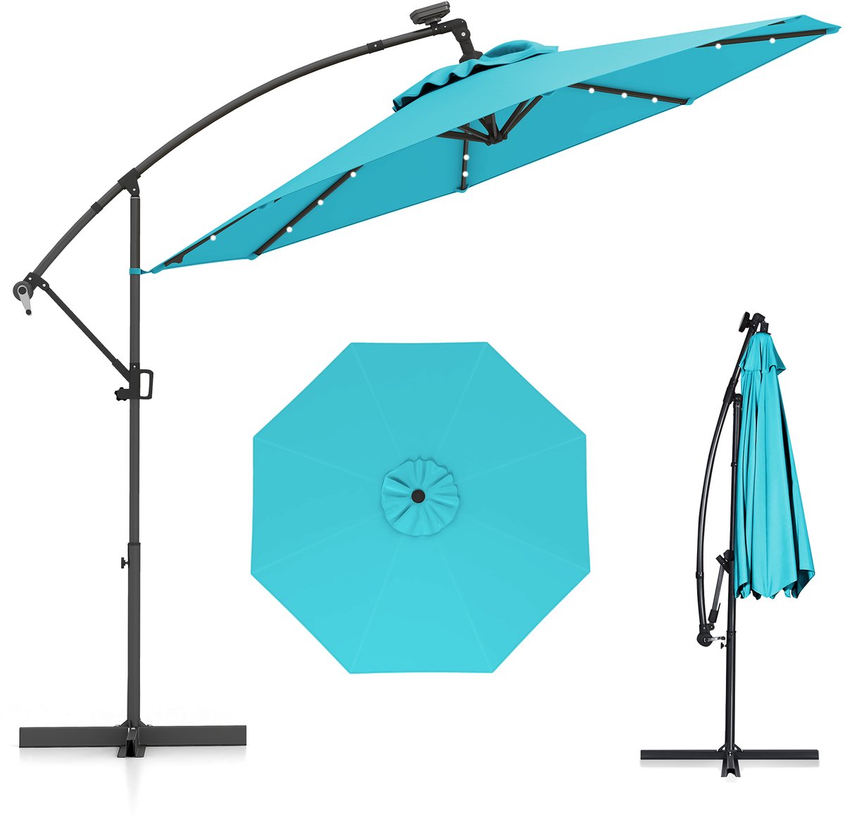 COSTWAY Parasol 300 cm, zweefparasol met 32 ledlampen op zonne-energie en zwengel, hellingshoek verstelbaar, tuinparasol, marktparasol, terrasparasol voor tuin, zwembad, terras (0015706482661)