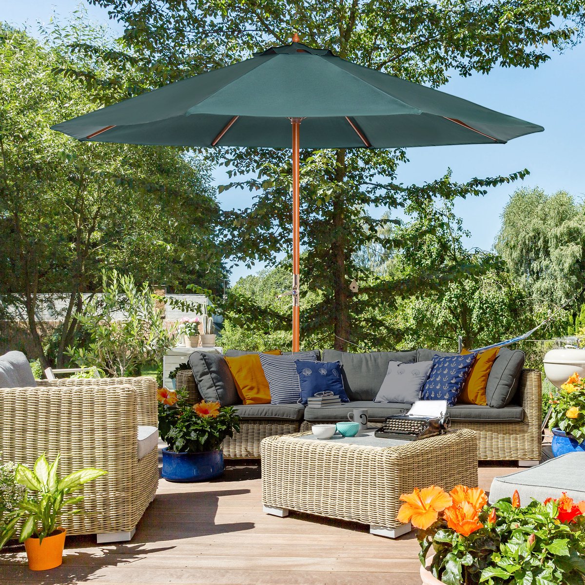 COVREO Stokparasol 270 cm donkergroen polyester, met handkurbel en UV-bescherming (4071295129123)