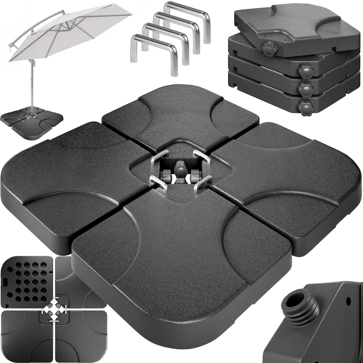 Casaria Set van 4 Parasolvoetplaten - Tot 80 kg Verzwaring - Vulbaar met Water of Zand - 105x105 cm - Ideaal voor Zweefparasols - Zwart (4251779139460)