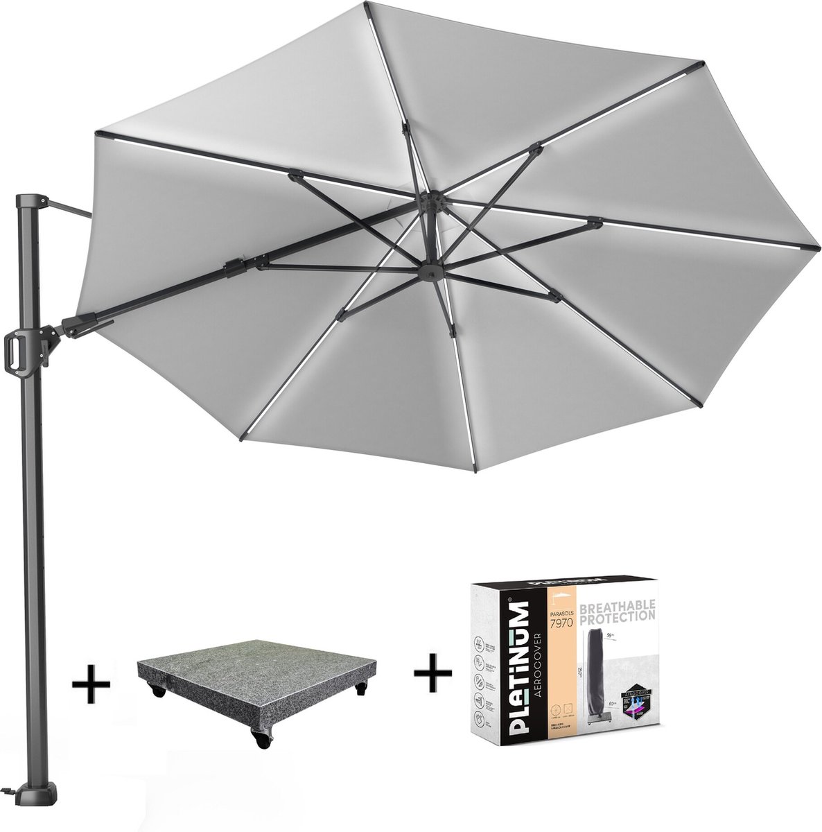 Challenger T2 glow zweefparasol 350 cm rond lichtgrijs met 120KG voet en hoes (8720848326873)