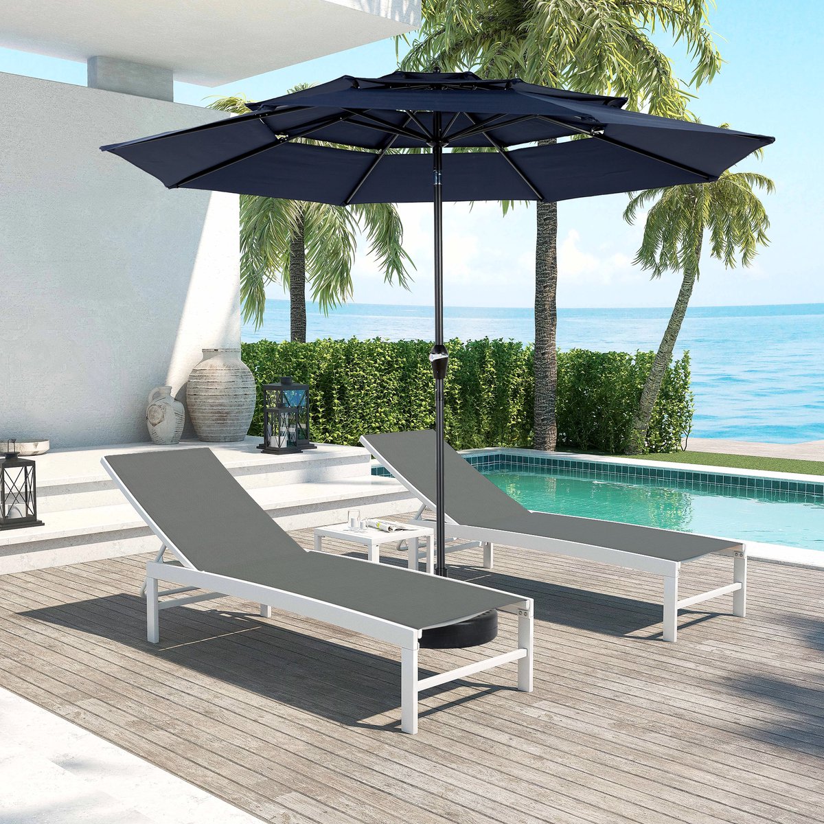 DESMIU Parasol - 10Ft Auto Kantelbaar - Aluminium Frame - Navy Blue - Stokparasol Voor Tuin, Terras En Zwembad (4071298098822)