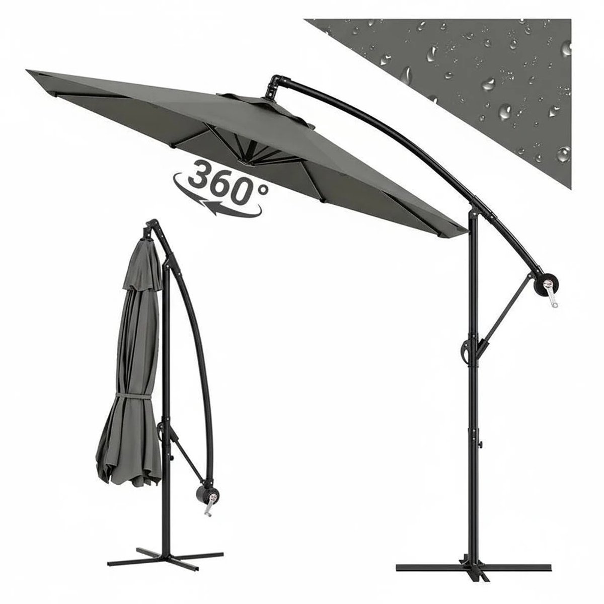 DayeLabel Zweefparasol met Voet 300 cm - Parasol - Kantelbaar - 360 ° Draaibaar - Inclusief Kruk en Beschermhoes - Antraciet (8721617510110)