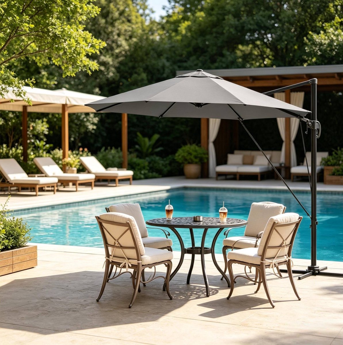 Desmiu Zweefparasol Rond 292 Cm Draaibaar 360 Graden 5 Standen Kantelbaar Polyester Metaal Donkergrijs Voor Tuin En Terras Met Kruisvoet (4071298341959)